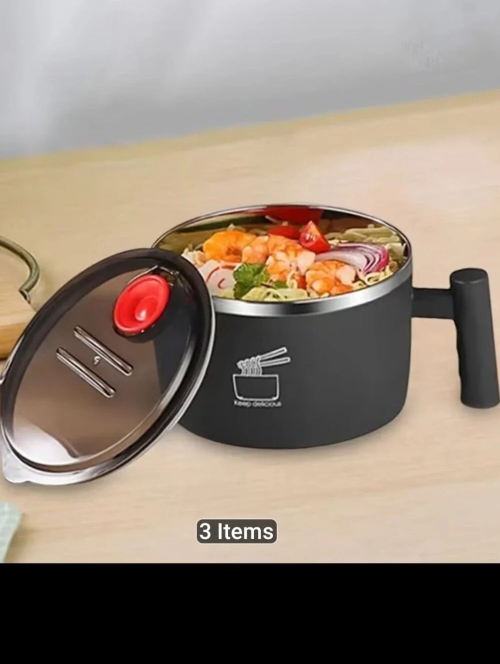 Black Stainless Steel Noodle Bowl with Handle and Steam Vent